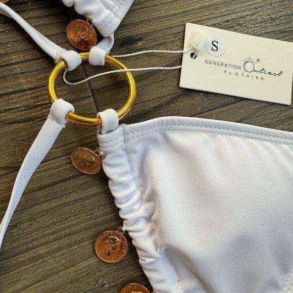 OUTCAST CLOTHING WHITE GOLD COIN FESTIVAL BACHELORETTE BIKINI WRAP TOP - SMALL - Picture 4 of 5